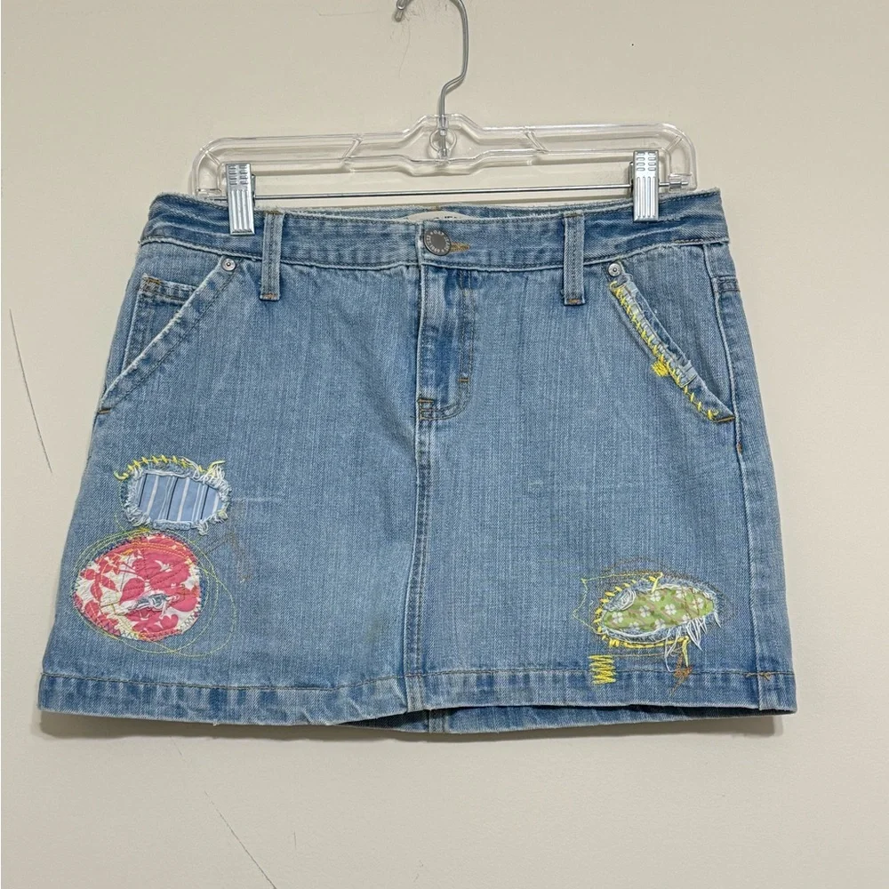 GAP Y2K Denim Mini Skirt Embroidered Appliqué Jeans Blue Cotton Size 10